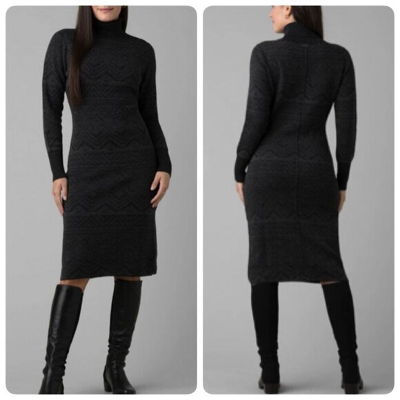 prAna South Rock Sweater Midi Length Dress Size LARGE in Charcoal Intarsia Wool - Picture 2 of 10